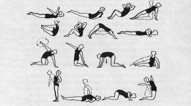 Complejo de terapia de ejercicio que ayuda a aliviar la rigidez muscular en la osteocondrosis torácica.